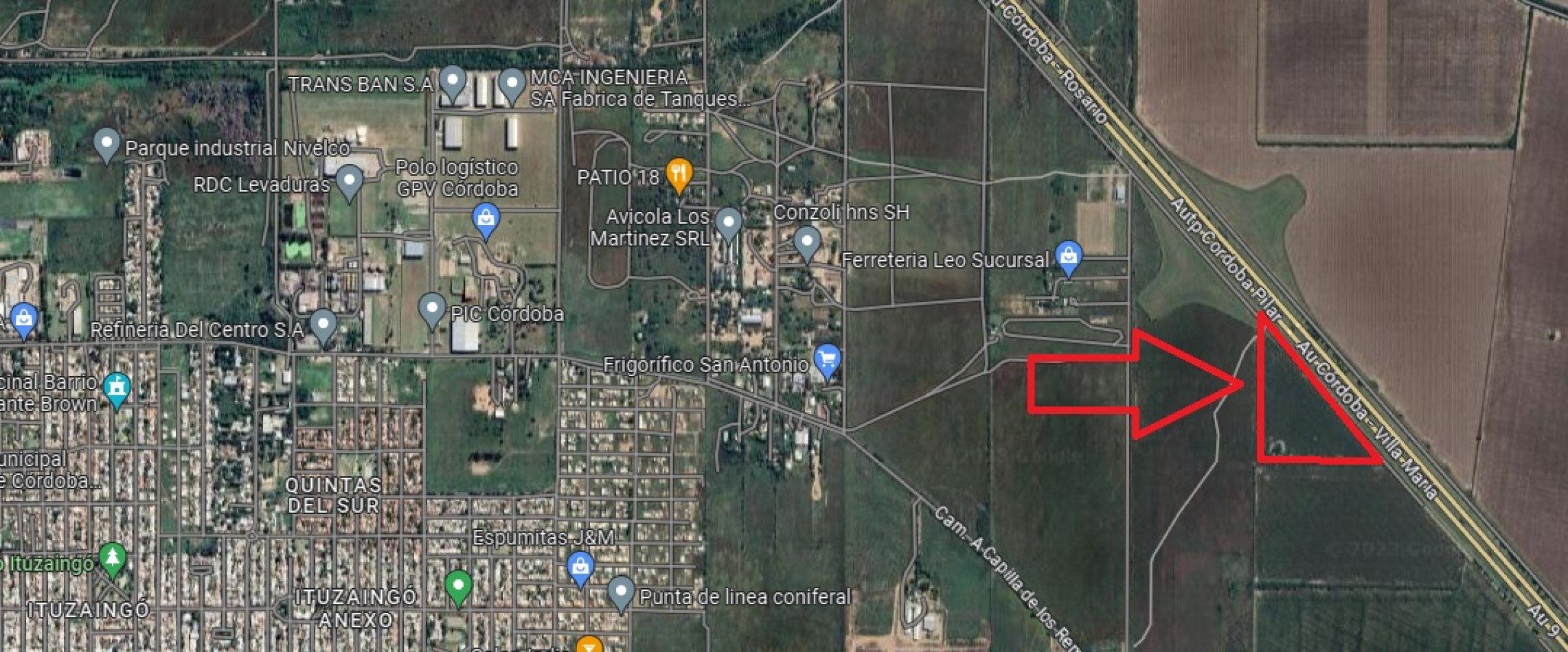 Autopista Cordoba Rosario vendo campo 8ha frente colectora zona circunvalacion